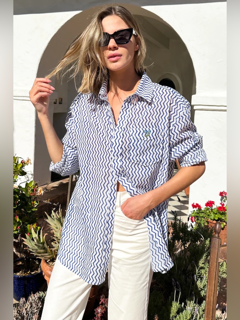 Emerson Fry Ryan Shirt in Zigzag Indigo Organic Cotton, Size XS